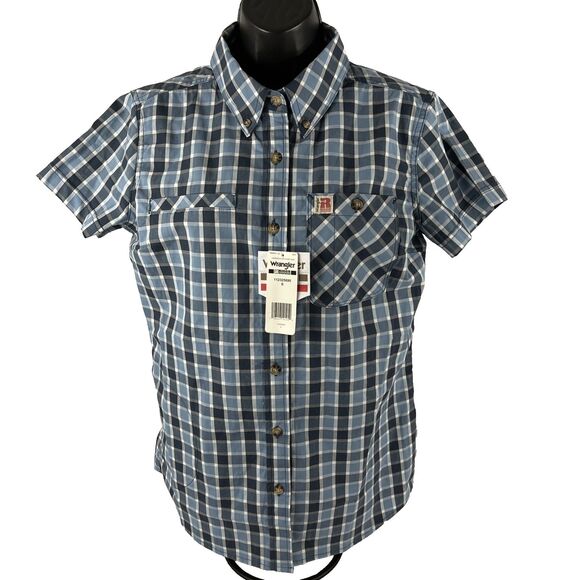 New Women’s Wrangler Riggs Workwear Button Down SS Shirt Small NWT Plaid Blue - Picture 6 of 8